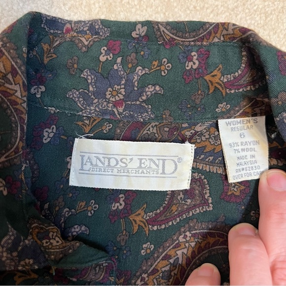 Vintage Paisley Lands End Button Down Shirt Size 6 Dark Academia Rayon/Wool - Picture 7 of 8